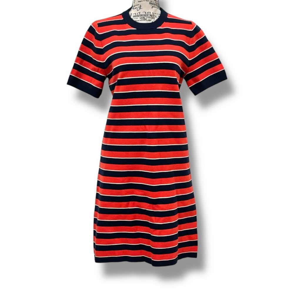 J. Crew Size M Orange Navy Striped 100% Merino Wool Sweater Dress Preppy